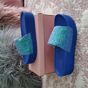 Glaze Blue Platform Sandals Slip On Sparkle Glitter Sz 8